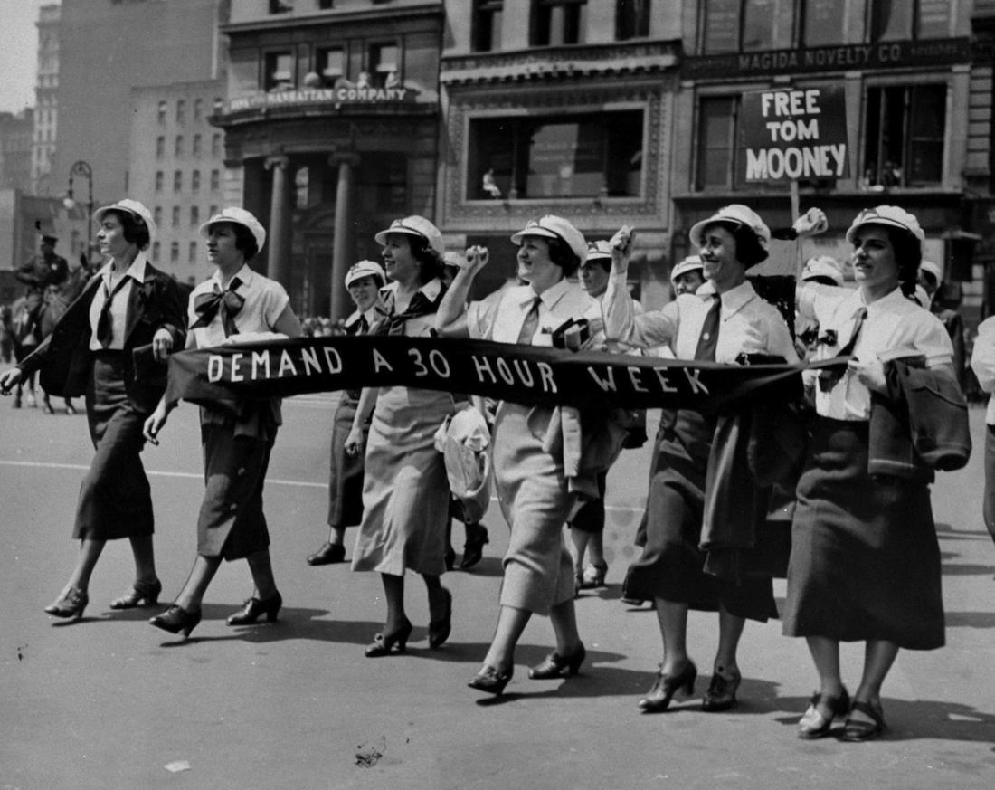 UNITED STATES - MAY 01: Women workers in the May Day Parade in Union Square demand a 30 hour work week. (Photo by Tom Watson/NY Daily News Archive via Getty Images)